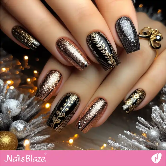 New Year Black and Gold Nails Design with Glitter | 2024 Nails - NB3704